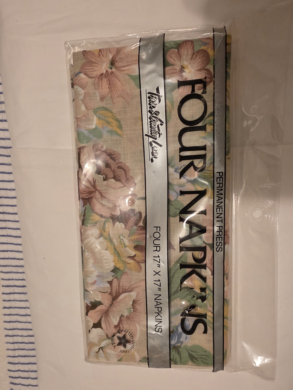 Four Napkins Floral Table Napkins - Beige with Pink & Green Accents